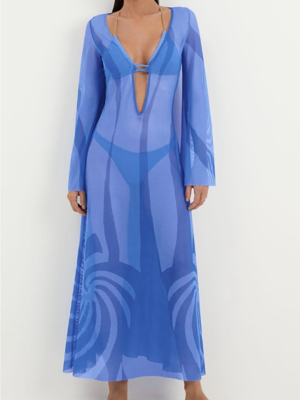 Caroline Constas Blue Patterned Long Sleeve Maxi Cover Up